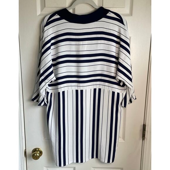 Zara Woman Striped Tunic Top Blue White V-Neck Hi-Low Hem Sz L Coastal Beachy - Picture 3 of 8